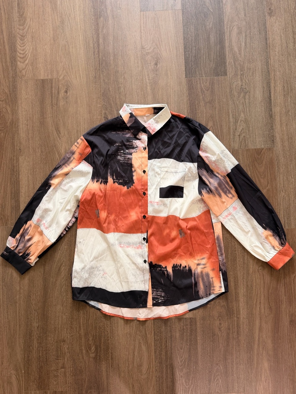 Abstract Brushstroke Button-Up Shirt in Black, Orange & Cream